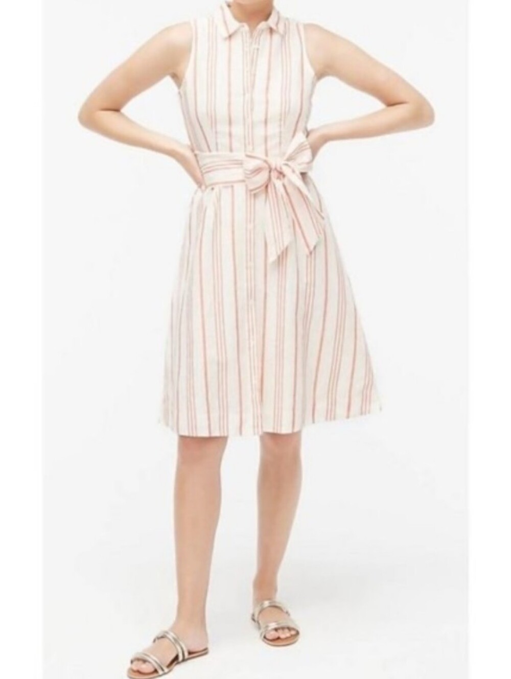 J.Crew Linen Blend  red and white striped sleeveless belted shirtdress Sz6